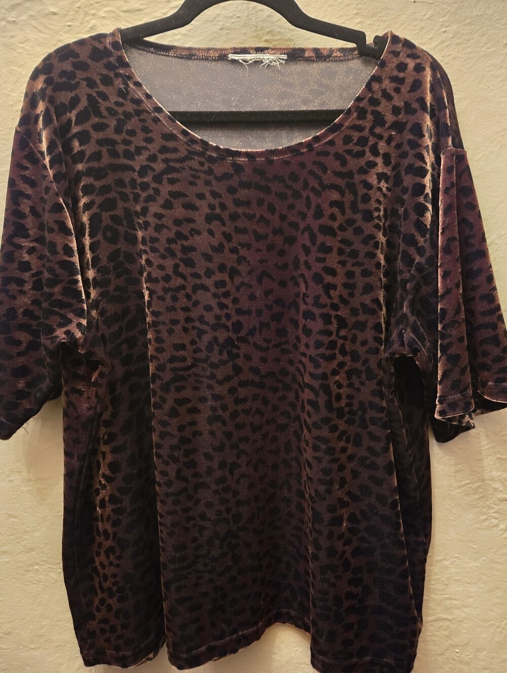 Vintage Burnout Velvet Leopard Print Top Brown Black Oversized Velour Blouse
